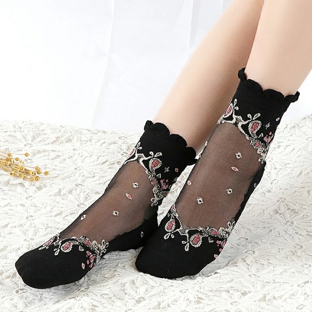 🚨LAST PAIR🚨 2 for $20 Bridgerton Style Embroidered Sheer Lace Socks - Picture 2 of 2